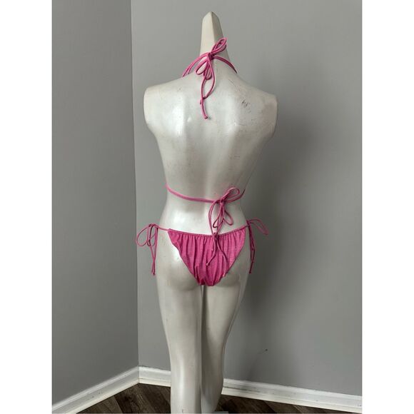 NWT Monica Hansen Beachwear Lurex Halter Bikini Top & Bottom 2Pc Set Pink Small - Picture 4 of 7